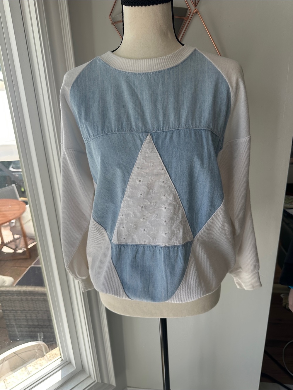 VINTAGE PELICAN COVE Light Blue White Patchwork Quilted Sweater Sweatshirt Small